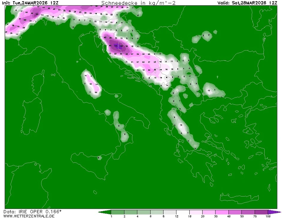 Mapa snežnih padavina za 28. mart