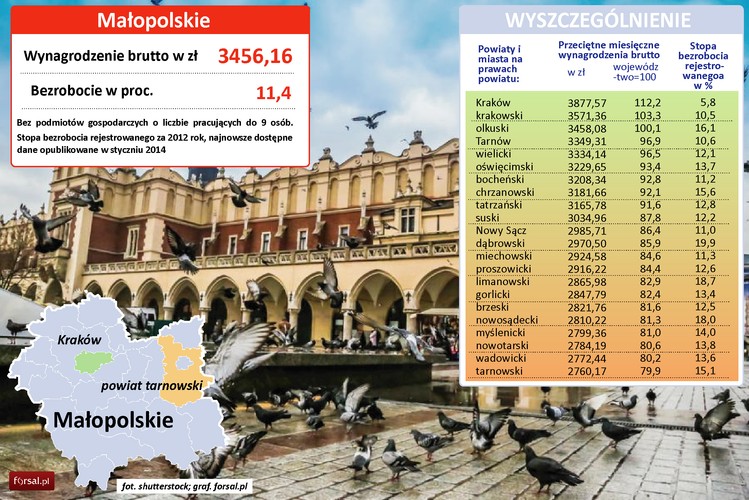 Wynagrodzenia w woj. małopolskim są niewiele wyższe niż w łódzkim, które stereotypowo postrzegane jest jako bardzo ubogie. Średnie zarobki wynoszą 3456 zł brutto. Poza Krakowem, w całym województwie wynagrodzenia są poniżej średniej krajowej. Ciekawostką jest, że gęstość zaludnienia jest tu jedną z najwyższych w kraju (małopolskie – 217 osób/km², średnia krajowa – 122 osób/km²). Wysoka liczba mieszkańców nie do końca przekłada się na udział województwa w tworzeniu produktu krajowego brutto -  w 2012 r. wyniósł on jedynie 7,4 proc. Na terenie woj. mazowieckiego swoje oddziały mają wielkie koncerny, m.in.: BP, Philip Morris, Synthos oraz Tele-Fonica.