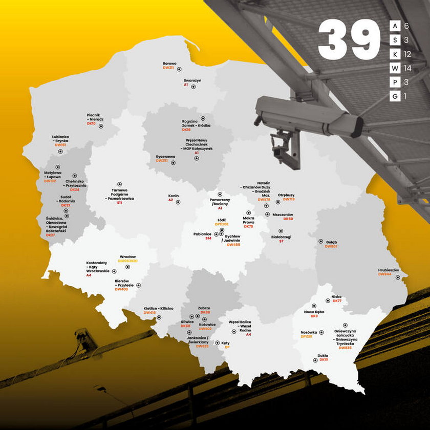 Mapa Polski z zaznaczonymi miejscami, w których pojawią się odcinkowe pomiary prędkości