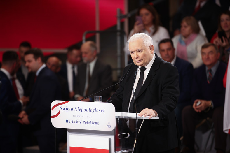 Jarosław Kaczyński podczas przemówienia w Krakowie