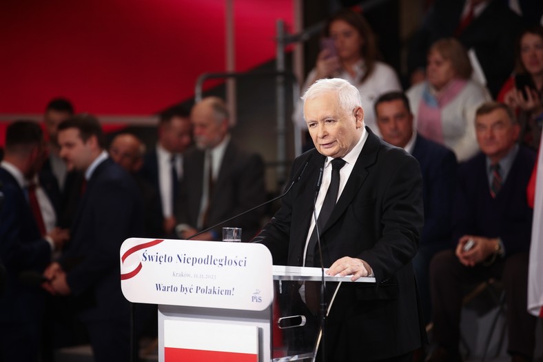 Jarosław Kaczyński podczas przemówienia w Krakowie