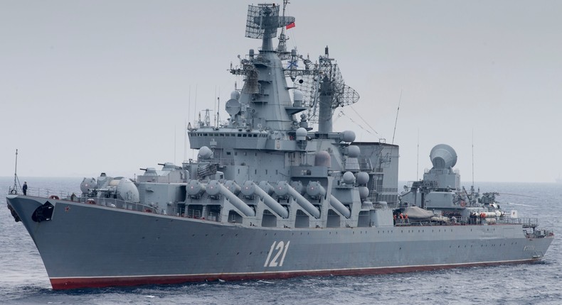 Russian guided-missile cruiser Moskva is on patrol in the Mediterranean Sea near the Syrian coast.