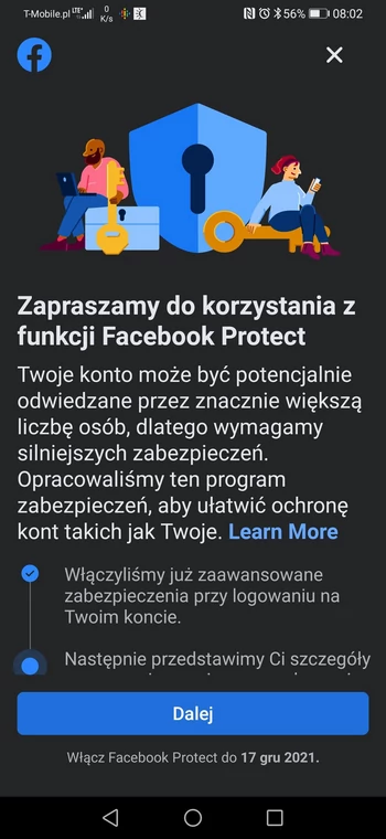 Facebook Protect po wstępnej aktywacji