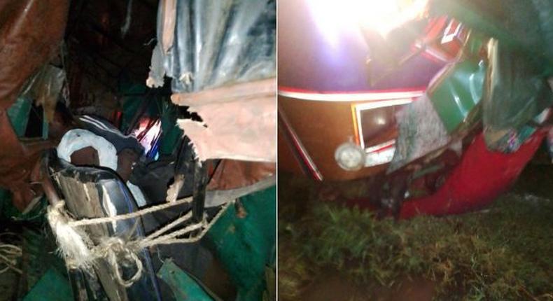 A collage image of the aftermath of an accident involving a bus and Tuktuk in Kisumu on Friday, March 1