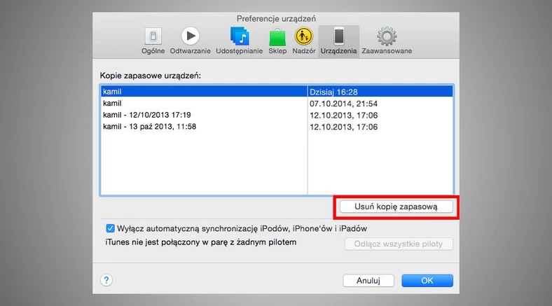 Program iTunes wyświetla wszystkie kopie zapasowe, jakie wykonaliśmy, pozwalając na ich kasowanie