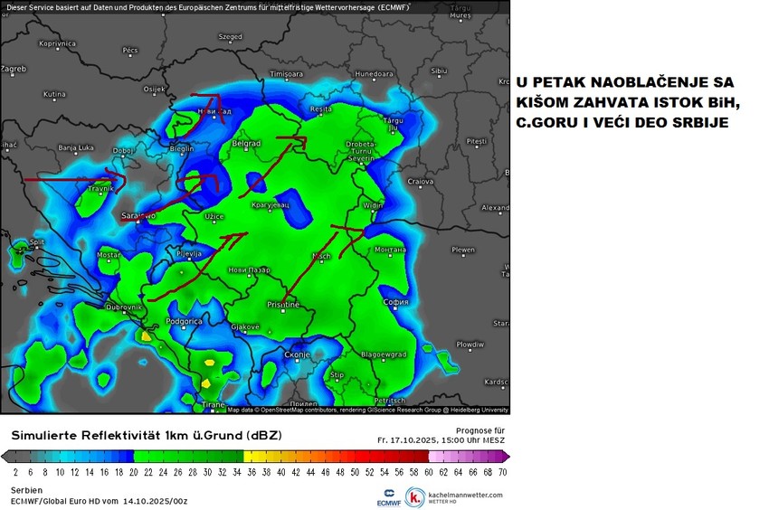 Mapa padavina za petak, 17. oktobar