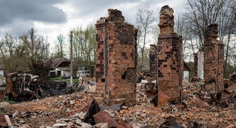 A destroyed hospital building on April 26, 2022 in Novyi Bykiv, Ukraine.