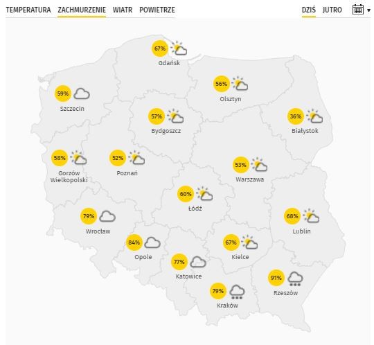 Prognozowany stopień zachmurzenia w niedzielę.