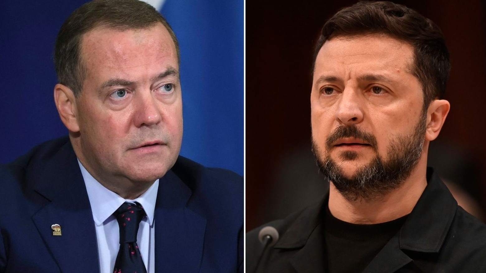 Dmitrij Medvedev a Volodymyr Zelenskyj.