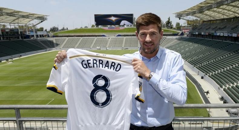 Steven Gerrard with his shirt after joining Los Angeles Galaxy last year