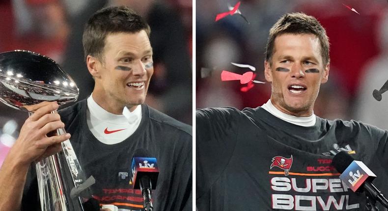 Tom Brady, an Under Armour spokesman, covered up a Nike swoosh on his undershirt after winning the Super Bowl on Sunday.