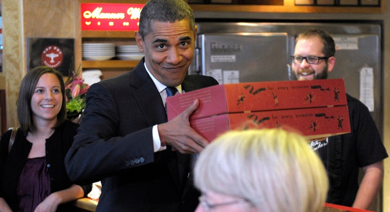 Barack Obama and Democratic Sen. Patty Murray of Washington getting doughnuts from Top Pot doughnuts in Seattle in 2010.