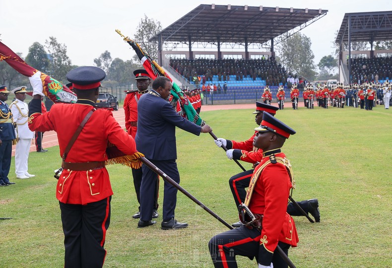 President Uhuru Kenyatta at Lang'ata Barracks for the consecration, presentation and trooping of the colours by the 21st Battalion of  the Kenya Rifles