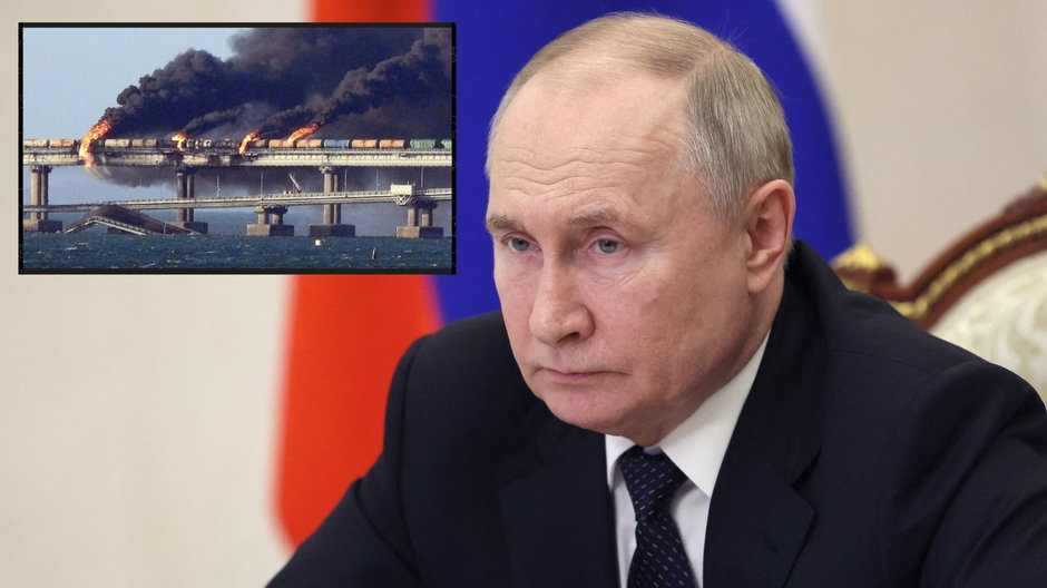 Prezydent Rosji Władimir Putin na wideokonferencji w Moskwie, 3 kwietnia 2024 r.; Most Krymski po ataku Ukrainy, 8 października 2022 r. (zdjęcie ilustracyjne. źródło: t.me/uniannet)