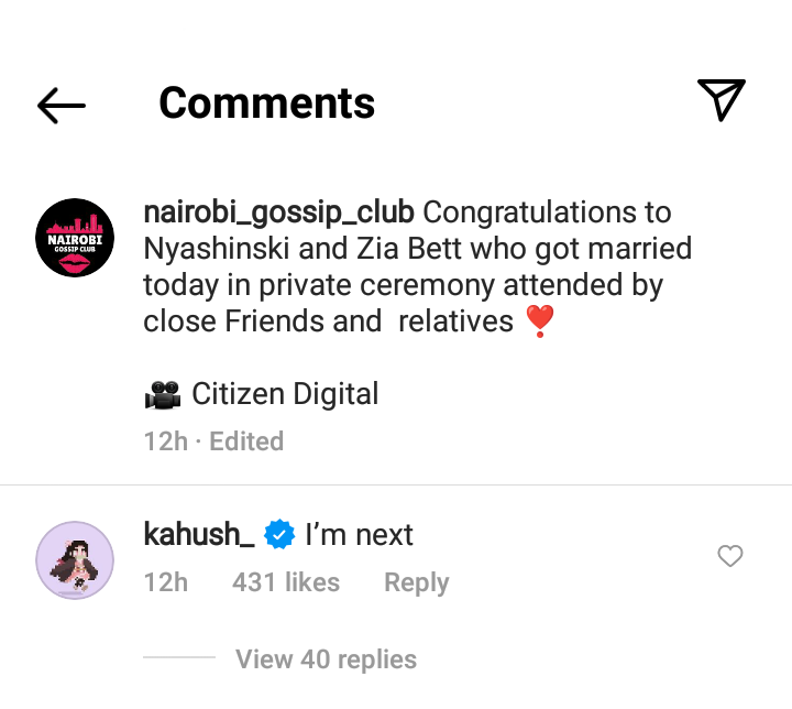 Celebrated artist Nyashinski and Zia Bett's private wedding on Friday, December 10 has inspired fellow rapper Kahush to also tie the knot.