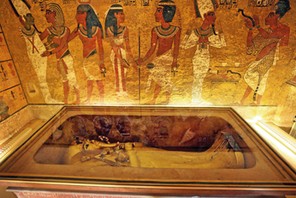 The golden sarcophagus of King Tutankhamun in his burial chamber is seen in the Valley of the Kings,