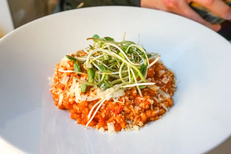 Pęczotto z pomidorami, wędzoną papryką, selerem naciowym i parmezanem