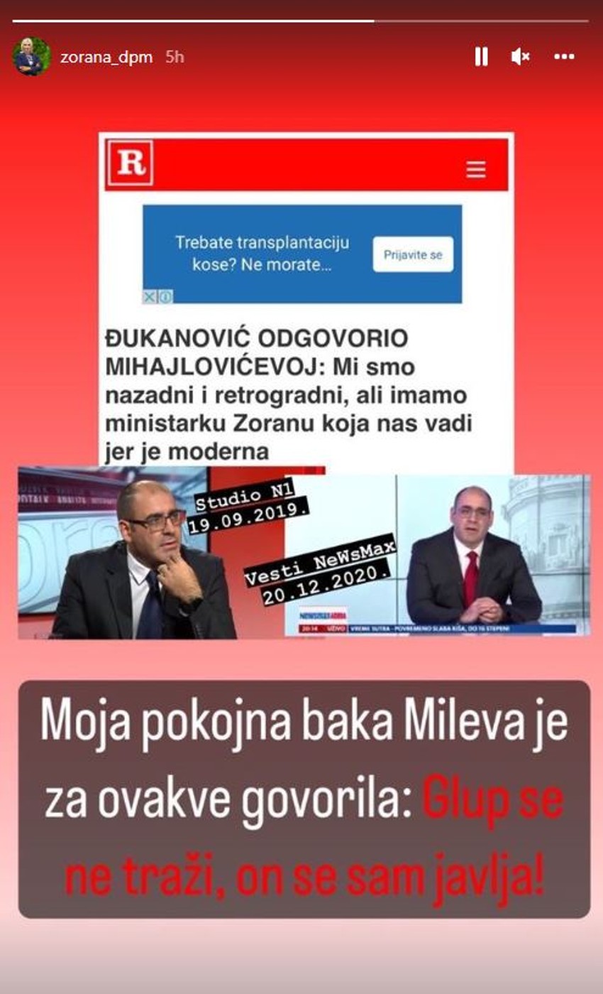 Objava Zorane Mihajlović na Instagramu
