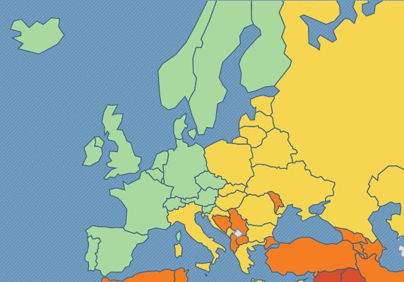 Kraje Europy według „The 2013 Legatum Prosperity Index”. Na zielono oznaczono najlepsze kraje z pierwszej 30. rankingu. Na żółto - kraje o pozycji średniej-wyższej (41 państw), na pomarańczowo kraje o pozycji średniej-niższej (41 państw), na czerwono kraje o najgorszej pozycji (30 państw). Źródło: Legatum Institute.