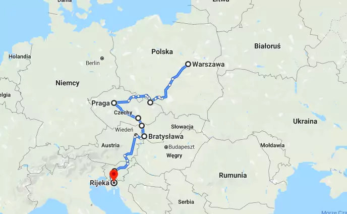 Warszawa - &gt; Praga -&gt; Rijeka (ok. 1650 km)
