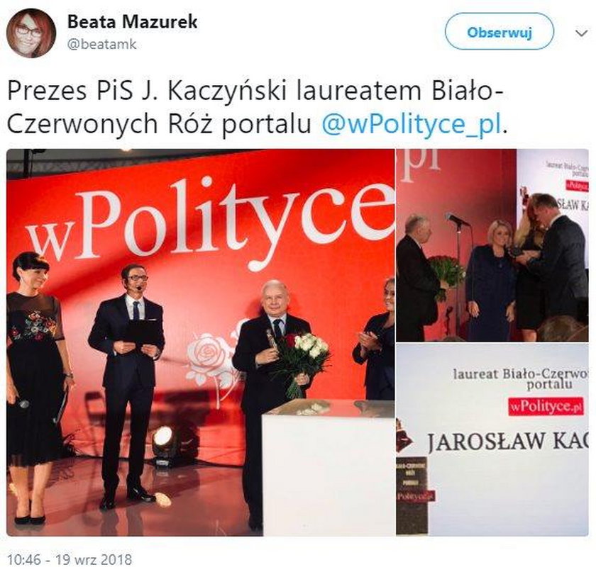 Jarosław Kaczyński laureatem nagrody Biało-Czerwonych Róż
