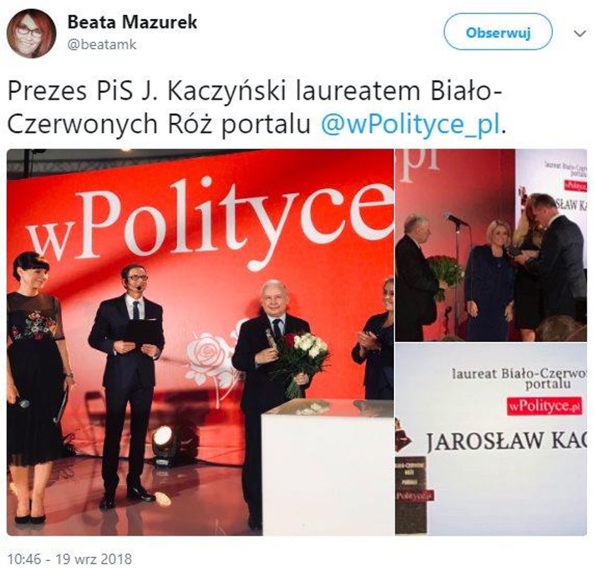 Jarosław Kaczyński laureatem nagrody Biało-Czerwonych Róż