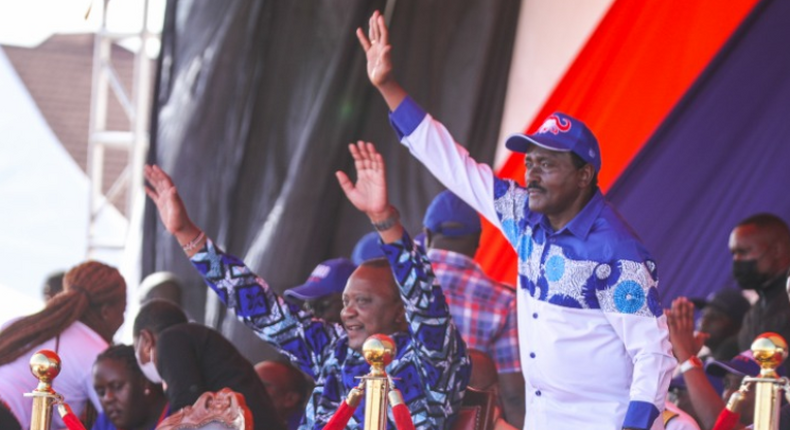 Wiper party leader Kalonzo Musyoka and President Uhuru Kenyatta wave at the crowd during the March 12, 2022 Azimio La Umoja political rally at the Jacaranda Grounds in Nairobi County [Photo: Danito Kinyanjui]