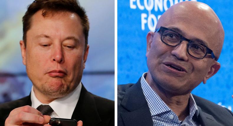 Satya Nadella (right) says Elon Musk's criticism of OpenAI as being controlled by Microsoft is not correct.REUTERS/Joe Skipper/File Photo/Arnd Wiegmann