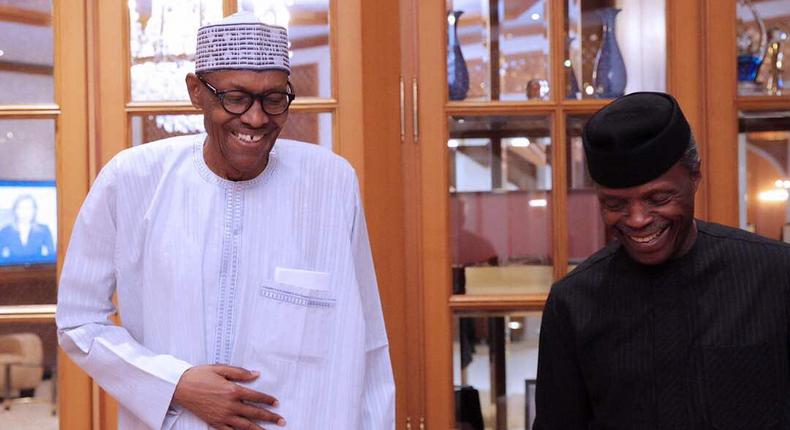 President Buhari and his Vice, Prof. Yemi Osinbajo share a laugh before one of his medical trips abroad (Presidency)