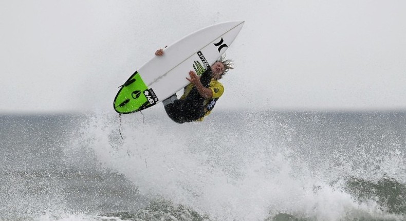 Hawaian surfer John John Florence in action off the coast of Peniche, Portugal, on October 25, 2016