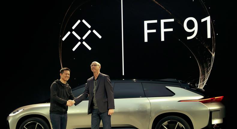 LeEco CEO Jia Yueting, left, and Nick Sampson, Faraday Future's senior vice president of product research and development, at a January 3 event in Las Vegas.