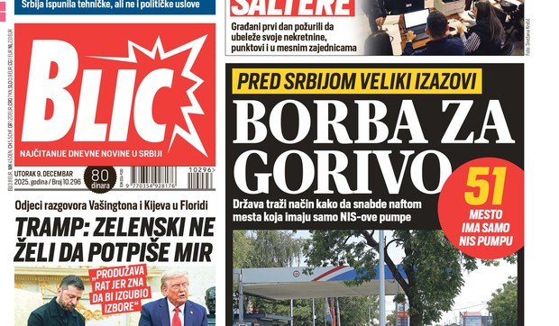 Blic naslovna strana za 9.12