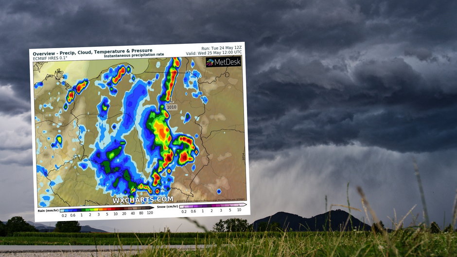 Środa przyniesie dynamiczną pogodę, z chmurami, deszczem i ochłodzeniem (mapa: wxcharts.com)