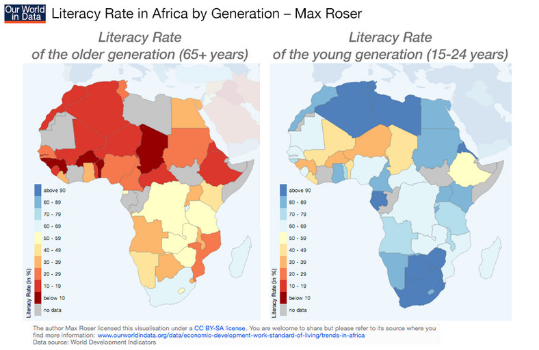 Wskaźnik alfabetyzacji poszczególnych pokoleń w Afryce