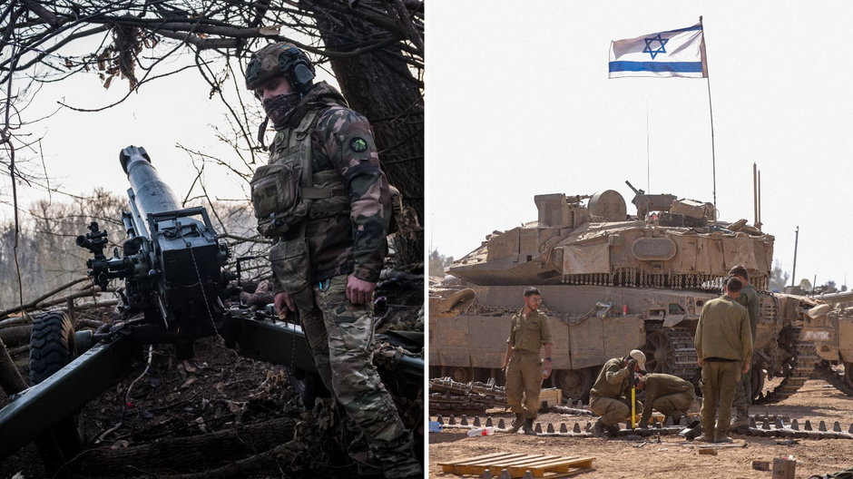 Po lewej: ukraiński żołnierz na froncie w Doniecku, po prawej: izraelska armia w pobliżu Strefy Gazy