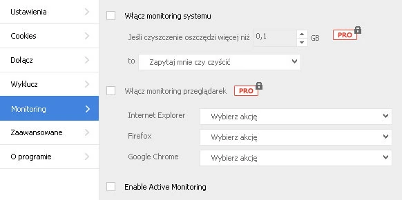 Opcje CCleaner dotyczące monitoringu systemu wraz z zaznaczonymi opcjami płatnymi.