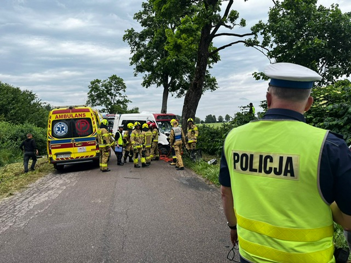 Dramat w Ostródzie. Bus przewożący ludzi zderzył się z drzewem. Trzy osoby poszkodowane
