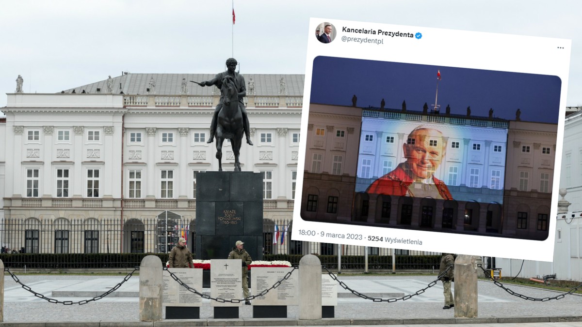 Na fasadzie Pałacu Prezydenckiego wyświetlono portret Jana Pawła II