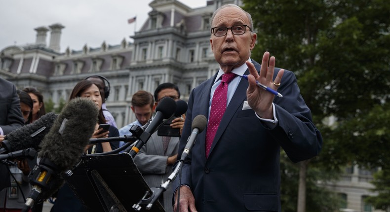 White House chief economic adviser Larry Kudlow talks with reporters outside the White House, Friday, Sept. 6, 2019, in Washington. (AP Photo/Evan Vucci)