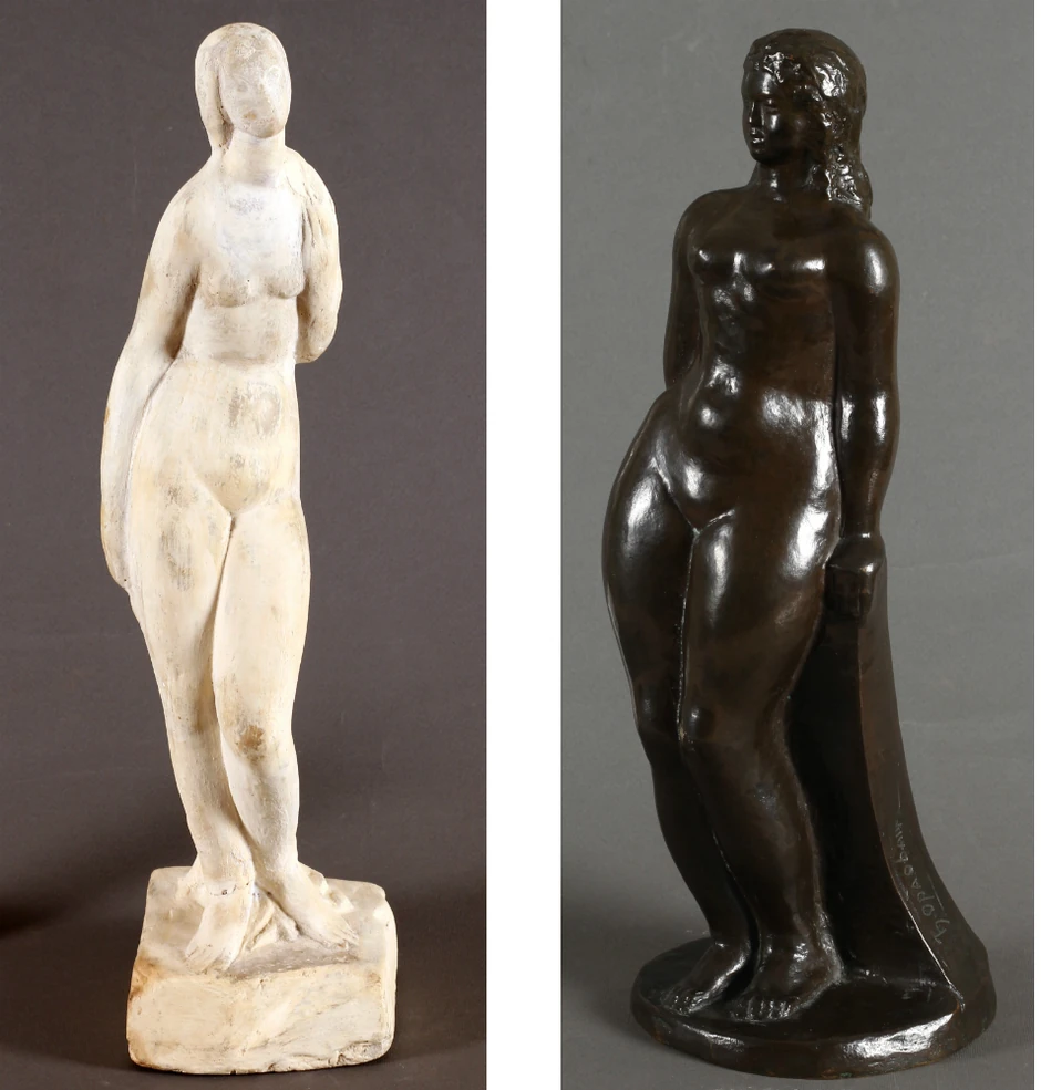 Levo: Petar Palavičini (1883-1962), Ženski akt,
Gips, visina: 44 cm, 2.200 €, Desno: Đorđe Oraovac (1891-1955), Akt devojke,
Bronza, visina: 37 cm, 950 €