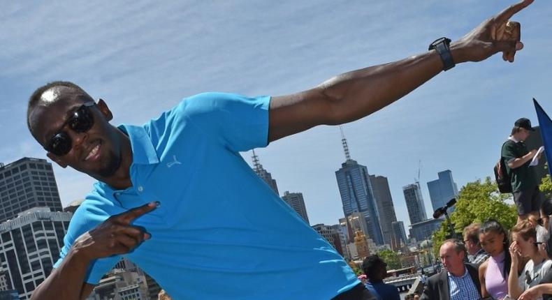 Jamaica's Usain Bolt strikes his signature pose in Melbourne, on November 4, 2016