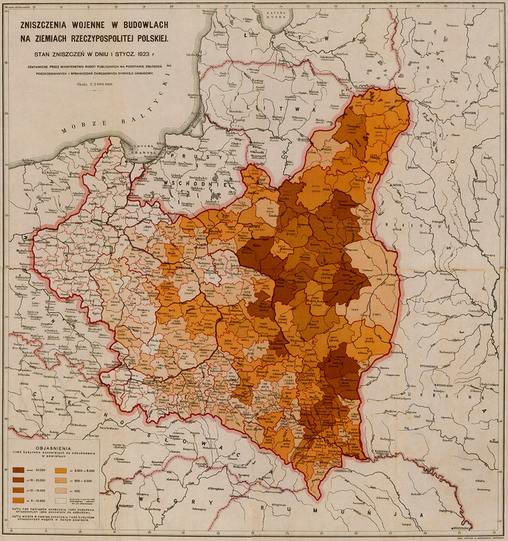 Zniszczenia wojenne w budowlach na mapie z 1923 r.