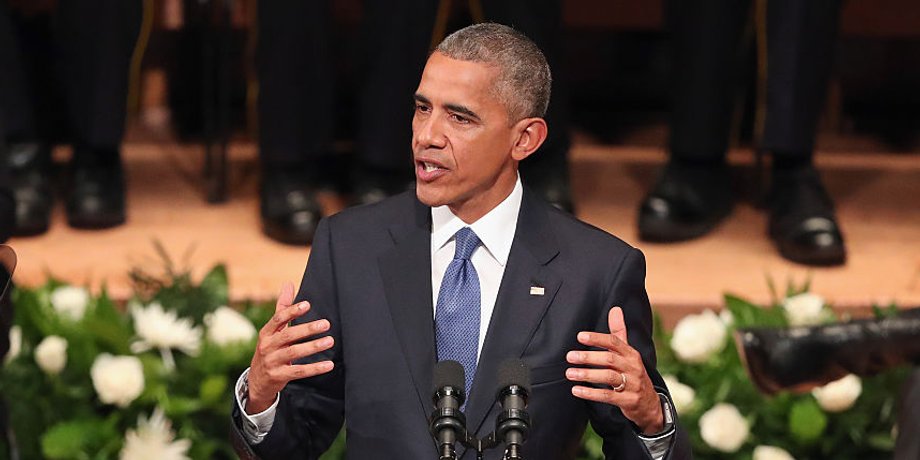 US President Barack Obama at an interfaith memorial service, honoring five slain police officers, at the Morton H. Meyerson Symphony Center on Tuesday in Dallas.