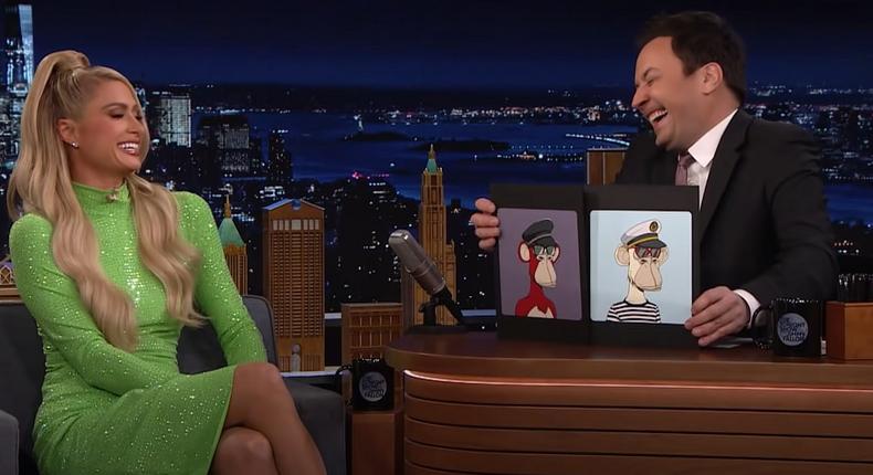 Heiress celebrity Paris Hilton appeared on The Tonight Show starring Jimmy Fallon on Monday, January 24, 2021 to promote NFTs.