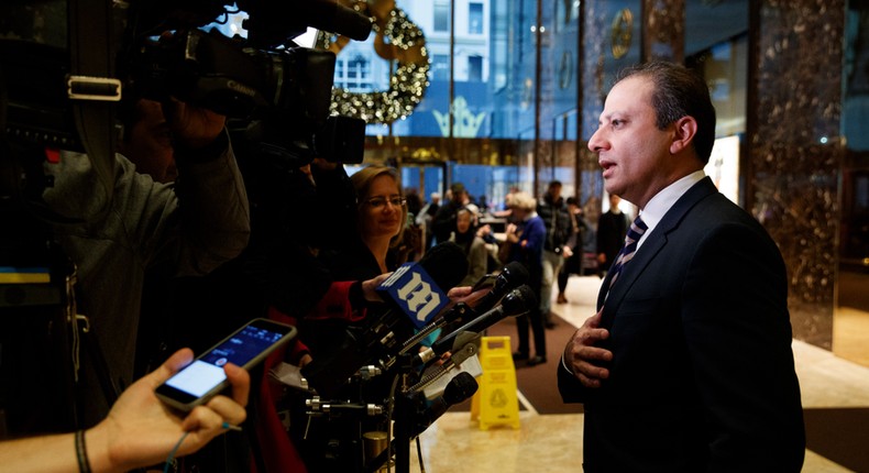 US Attorney Preet Bharara speaks to reporters at Trump Tower, November 30, 2016.