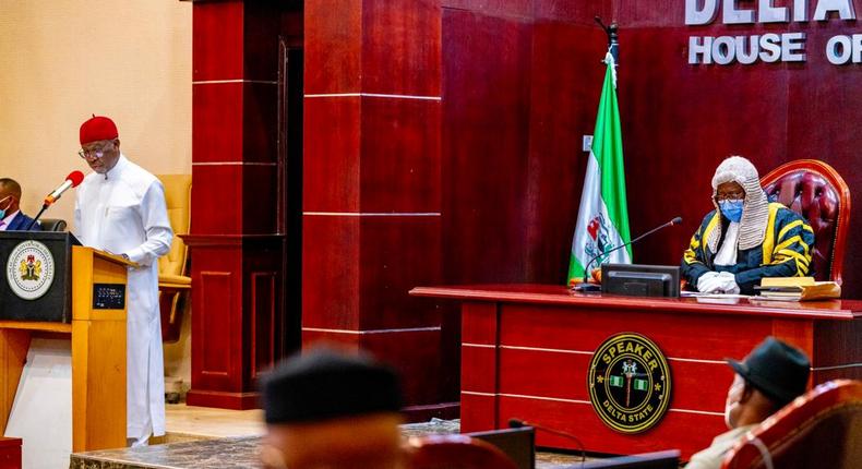 Delta Gov Okowa presents budget before the House on Tuesday, October 27, 2020 (Delta State press corps)