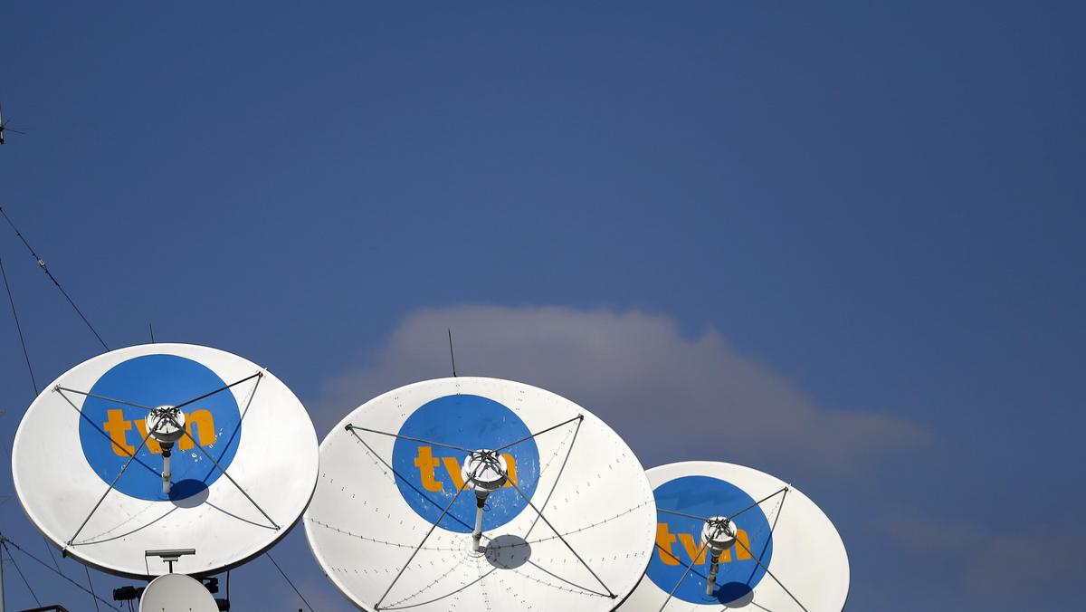 Satellite antennas are pictured at the TVN headquarters in Warsaw