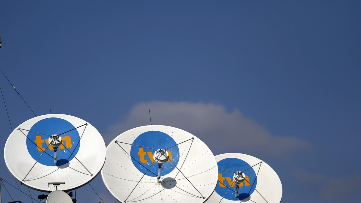 Satellite antennas are pictured at the TVN headquarters in Warsaw