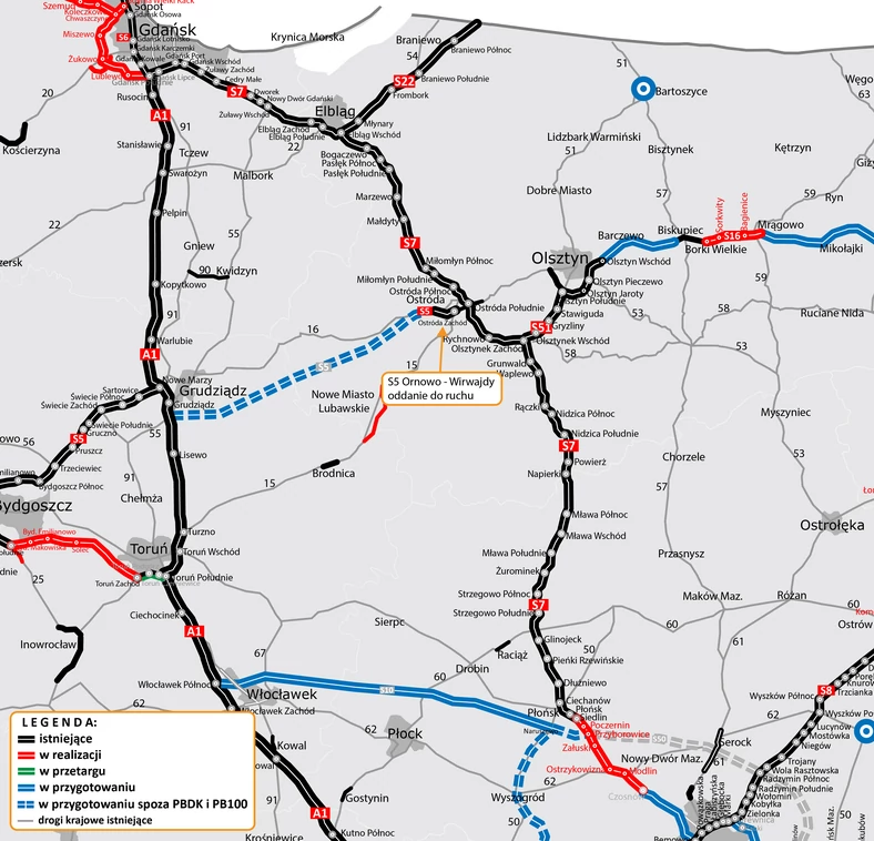 Mapa — droga ekspresowa S5 Ornowo — Wirwajdy