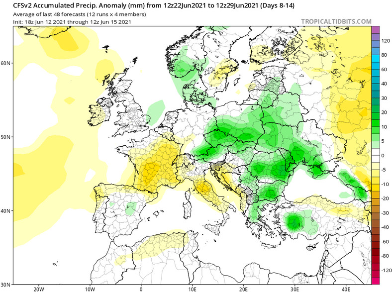 Prognozowana anomalia opadów w Europie (23-29.06)